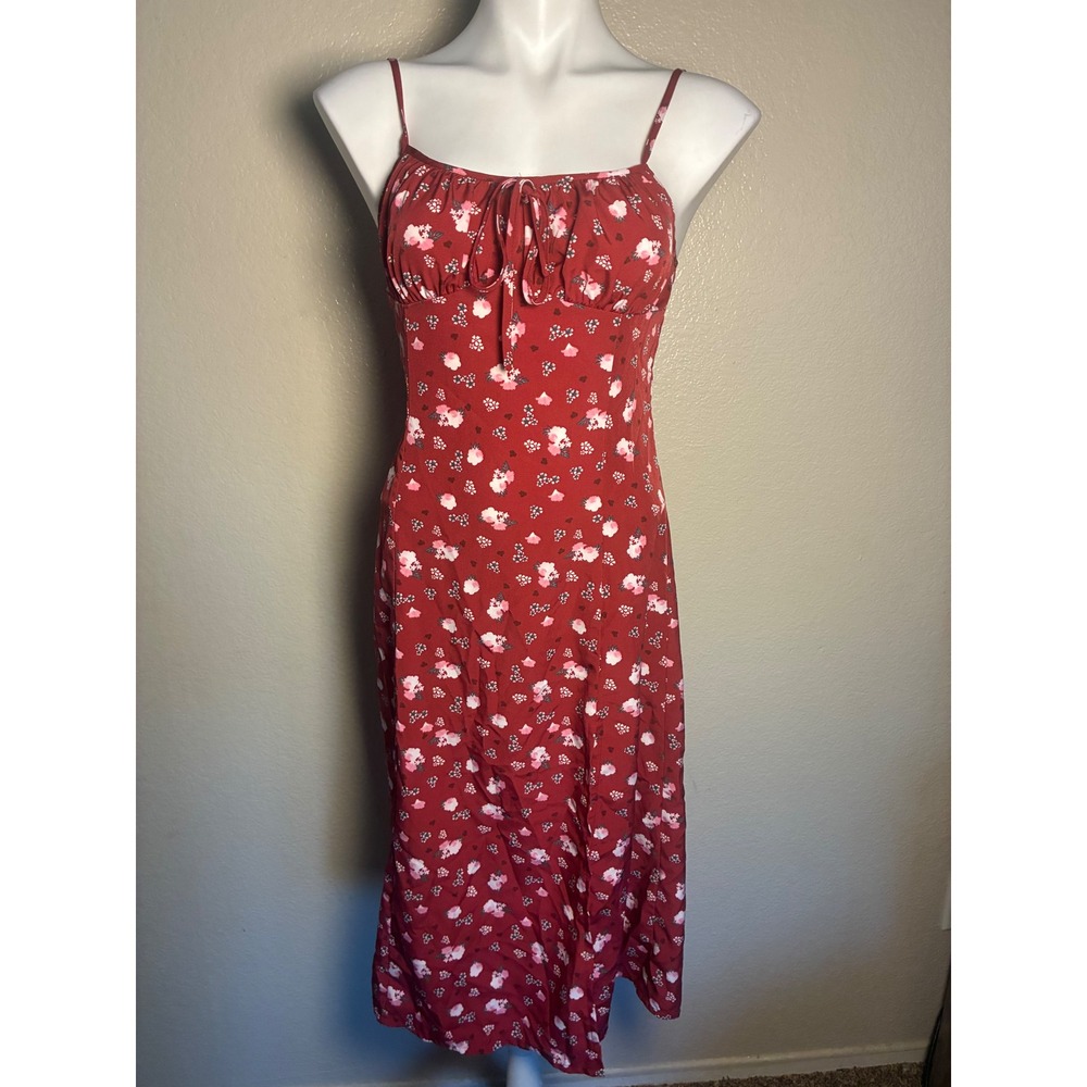 SHEIN Red Floral Ditsy Midi Dress Sleeveless Tie Front Size S 4